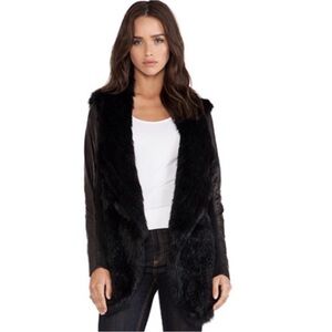 Elegant Black Rabbit Fur and Leather Women's Teddy Jacket